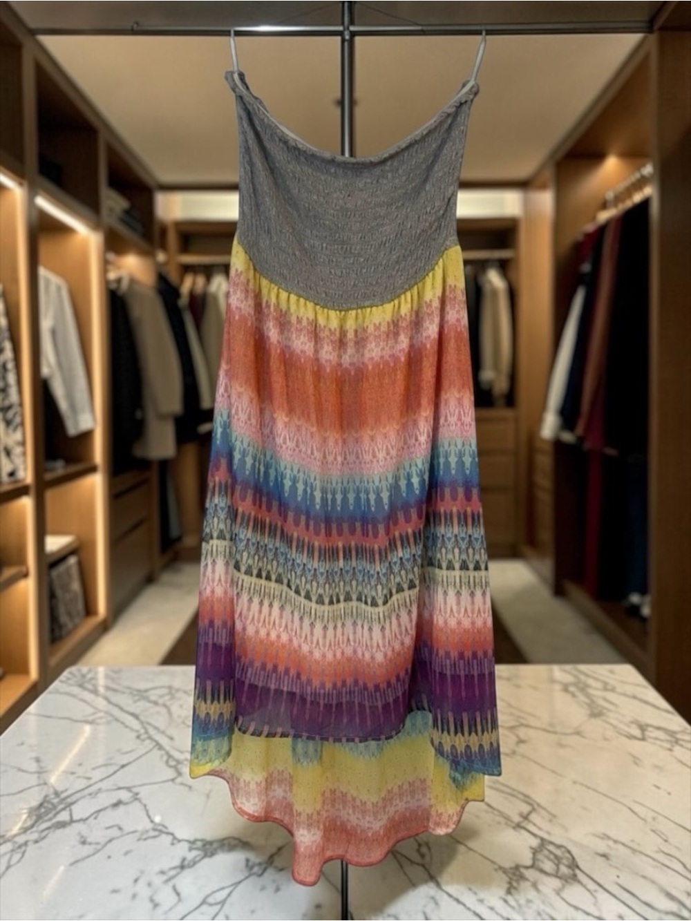 Boho Multicolor Chevron Maxi Skirt Strapless Smocked Stretch Dress Womens M​